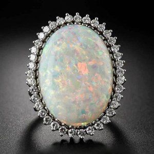 NEW Huge Opal Diamond Halo Silver Engagement Ring